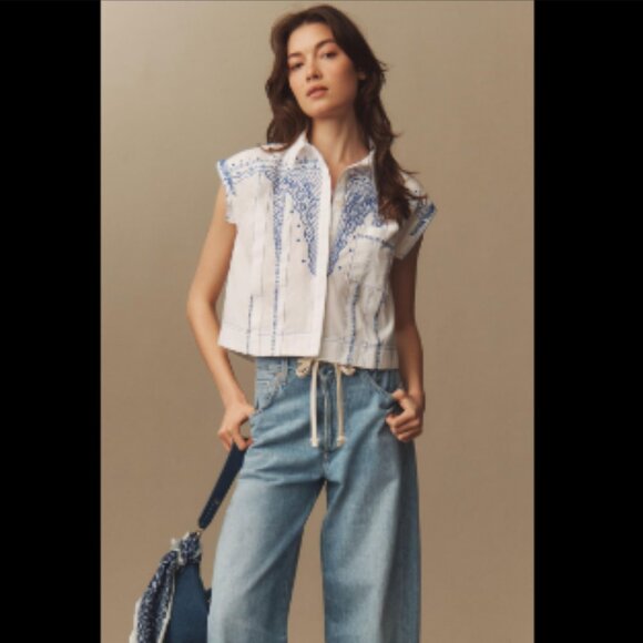 Brand New Maeve Short-Sleeve Collared Pleated Blouse - Picture 3 of 8